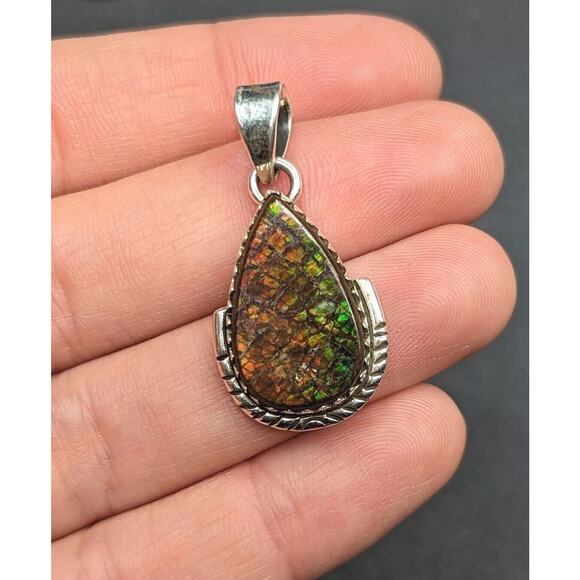 Colorful Ammolite Fossil Dragon Scale Teardrop Sterling Silver Pendant *Read* - Picture 14 of 14